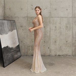 Gold Sequin Glitter Dress Formal Evening Gown Floor Length Ball Gown Trumpet Gow